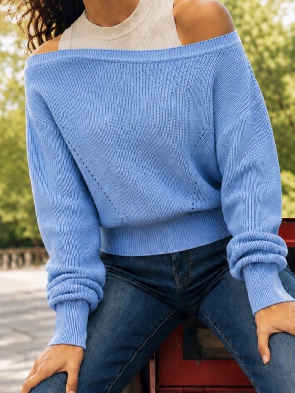Veronica Beard Blue Knit Layer Prescott Off Shoulder Cotton Sweater S